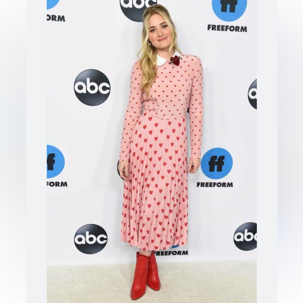 VALENTINO Valentines Heart Midi Maxi Pleated Chine Red Pink Heart Dress 38 8 - Picture 3 of 16